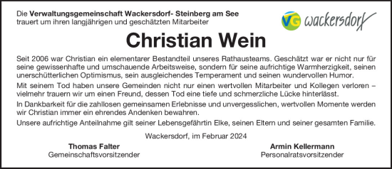 Traueranzeige von Christian Wein von Mittelbayerische Zeitung Schwandorf