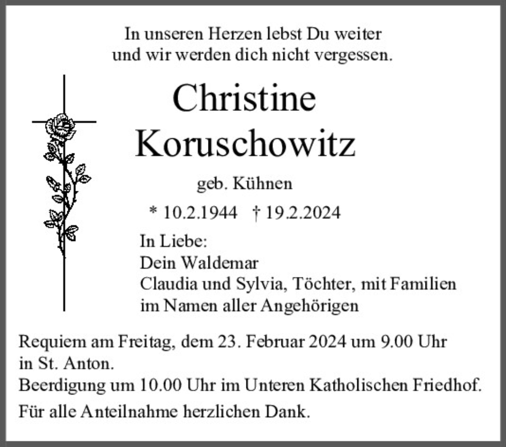  Traueranzeige für Christine Koruschowitz vom 21.02.2024 aus Mittelbayerische Zeitung Regensburg