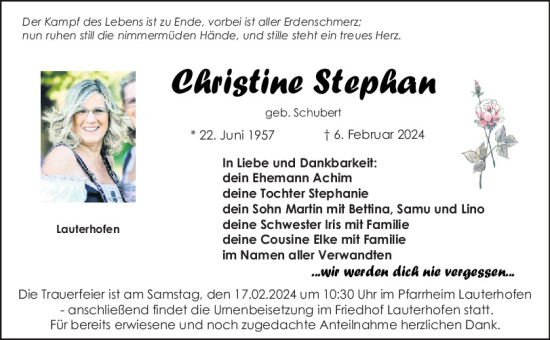 Traueranzeige von Christine Stephan von Neumarkter Tagblatt