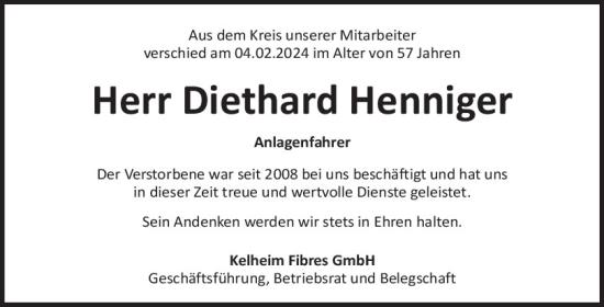 Traueranzeige von Diethard Henniger von Mittelbayerische Zeitung Kelheim