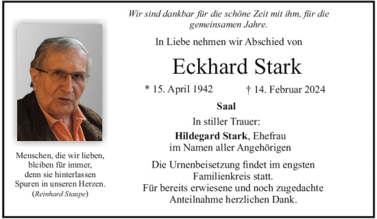 Traueranzeige von Eckhard Stark von Mittelbayerische Zeitung Kelheim