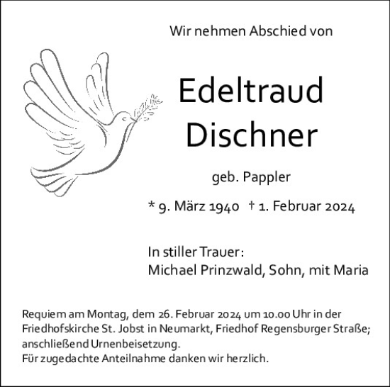 Traueranzeige von Edeltraud Dischner von Neumarkter Tagblatt