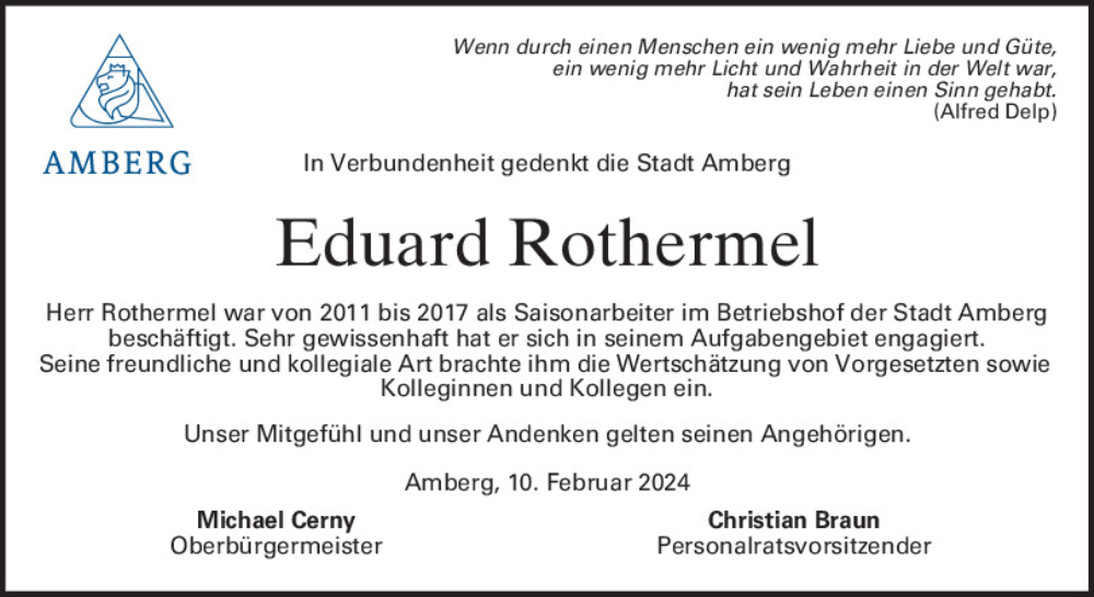  Traueranzeige für Eduard Rothermel vom 10.02.2024 aus Mittelbayerische Zeitung Schwandorf