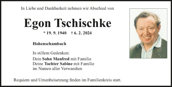 Traueranzeige von Egon Tschischke von Mittelbayerische Zeitung Regensburg