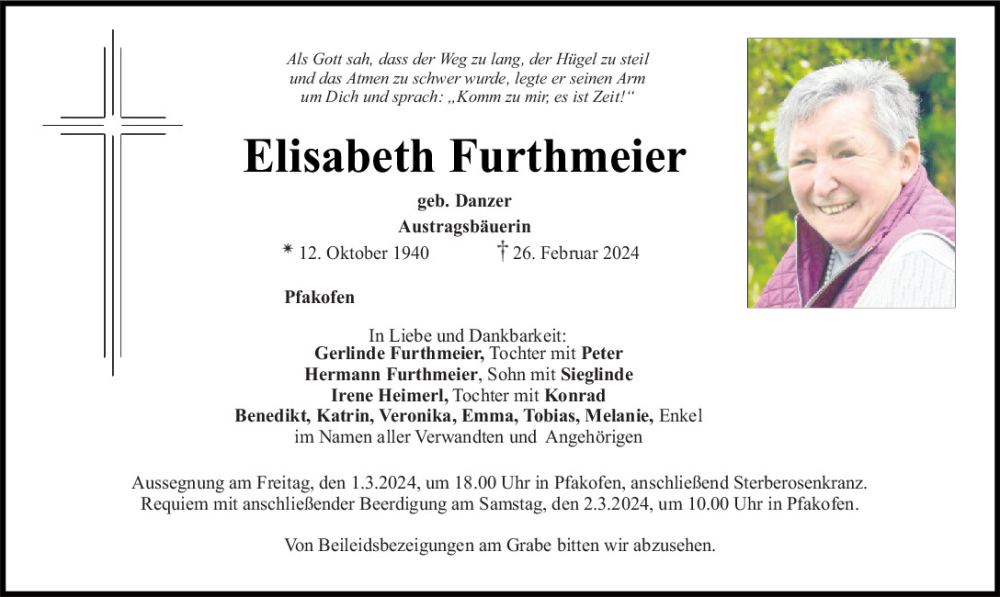  Traueranzeige für Elisabeth Furthmeier vom 29.02.2024 aus Mittelbayerische Zeitung Regensburg