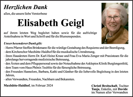 Traueranzeige von Elisabeth Geigl von Mittelbayerische Zeitung Schwandorf