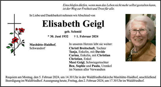 Traueranzeige von Elisabeth Geigl von Mittelbayerische Zeitung Schwandorf