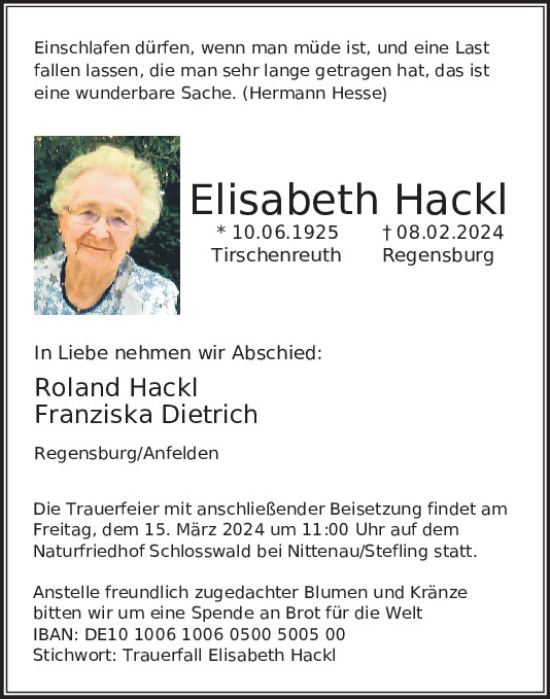Traueranzeige von Elisabeth Hackl von Mittelbayerische Zeitung Regensburg