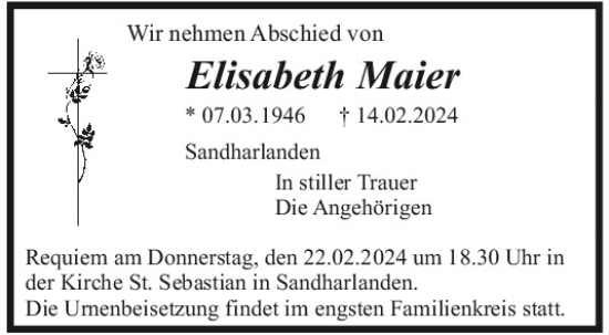Traueranzeige von Elisabeth Maier von Mittelbayerische Zeitung Kelheim
