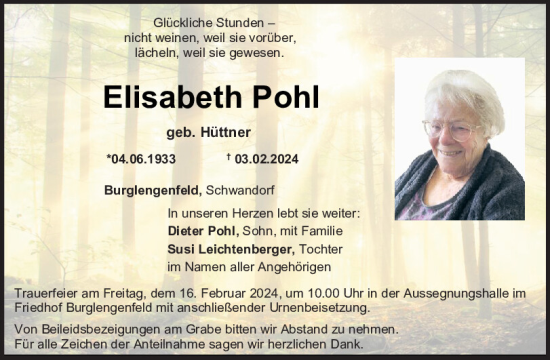 Traueranzeige von Elisabeth Pohl von Mittelbayerische Zeitung Schwandorf