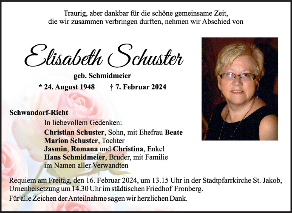  Traueranzeige für Elisabeth Schuster vom 10.02.2024 aus Mittelbayerische Zeitung Schwandorf