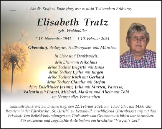 Traueranzeige von Elisabeth Tratz von Neumarkter Tagblatt