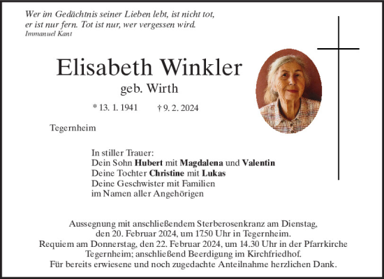 Traueranzeige von Elisabeth Winkler von Mittelbayerische Zeitung Regensburg