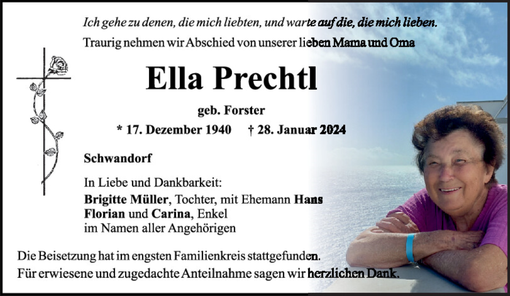  Traueranzeige für Ella Prechtl vom 05.02.2024 aus Mittelbayerische Zeitung Schwandorf