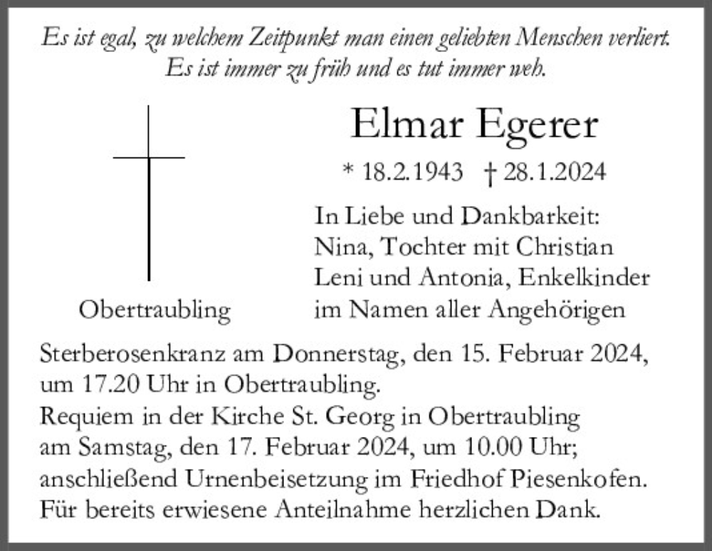  Traueranzeige für Elmar Egerer vom 10.02.2024 aus Mittelbayerische Zeitung Regensburg