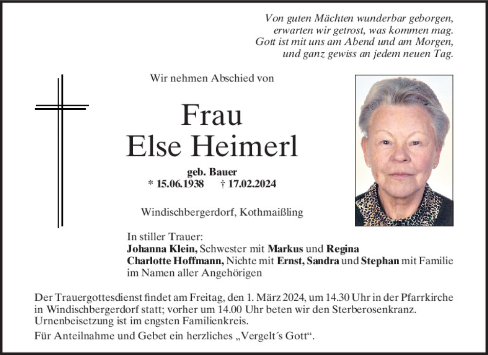  Traueranzeige für Else Heimerl vom 28.02.2024 aus Bayerwald Echo
