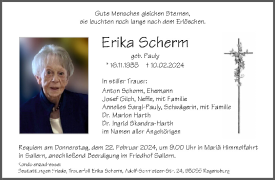 Traueranzeige von Erika Scherm von Mittelbayerische Zeitung Regensburg