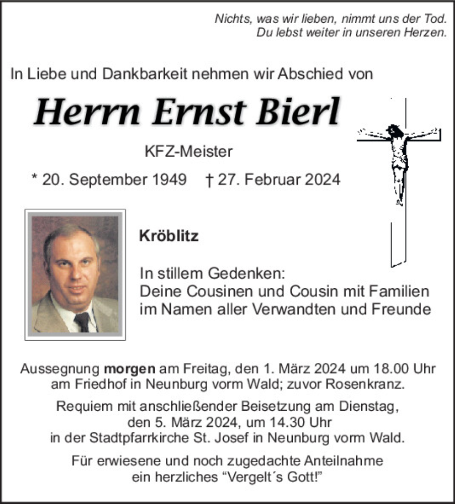  Traueranzeige für Ernst Bierl vom 29.02.2024 aus Mittelbayerische Zeitung Schwandorf