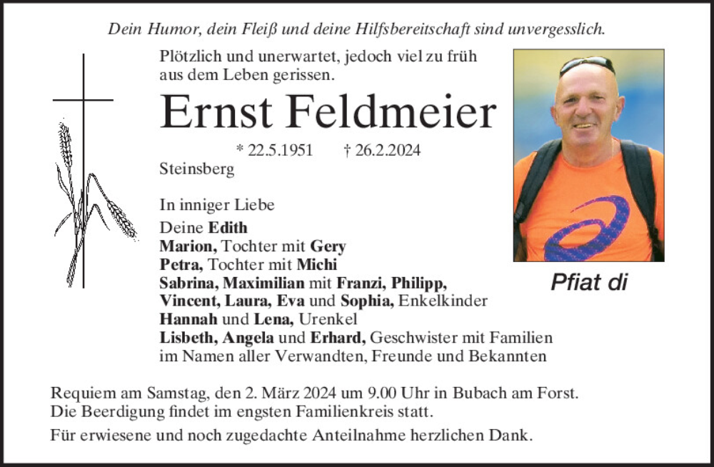  Traueranzeige für Ernst Feldmeier vom 29.02.2024 aus Mittelbayerische Zeitung Regensburg