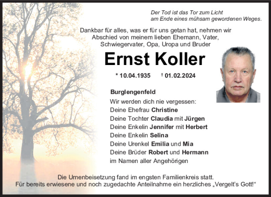 Traueranzeige von Ernst Koller von Mittelbayerische Zeitung Schwandorf
