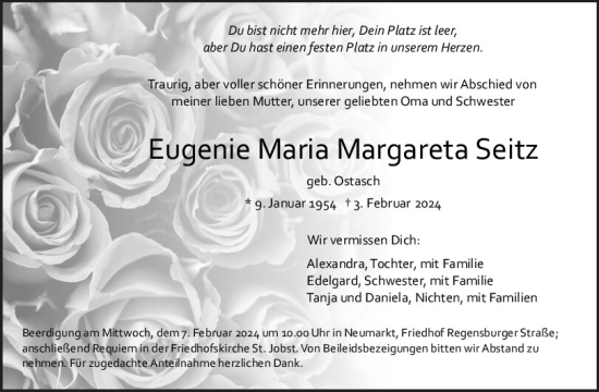 Traueranzeige von Eugenie Maria Margareta Seitz von Neumarkter Tagblatt