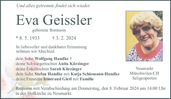 Traueranzeige von Eva Geissler von Neumarkter Tagblatt