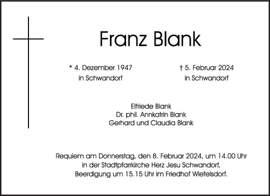 Traueranzeige von Franz Blank von Mittelbayerische Zeitung Schwandorf