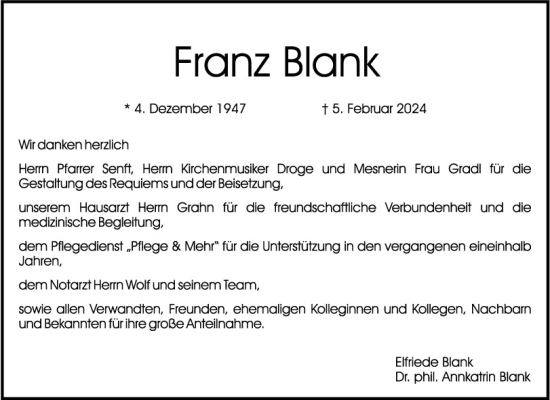 Traueranzeige von Franz Blank von Mittelbayerische Zeitung Schwandorf