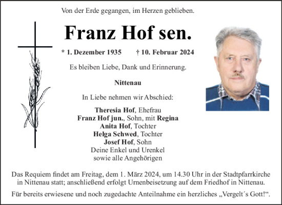 Traueranzeige von Franz Hof von Mittelbayerische Zeitung Regensburg