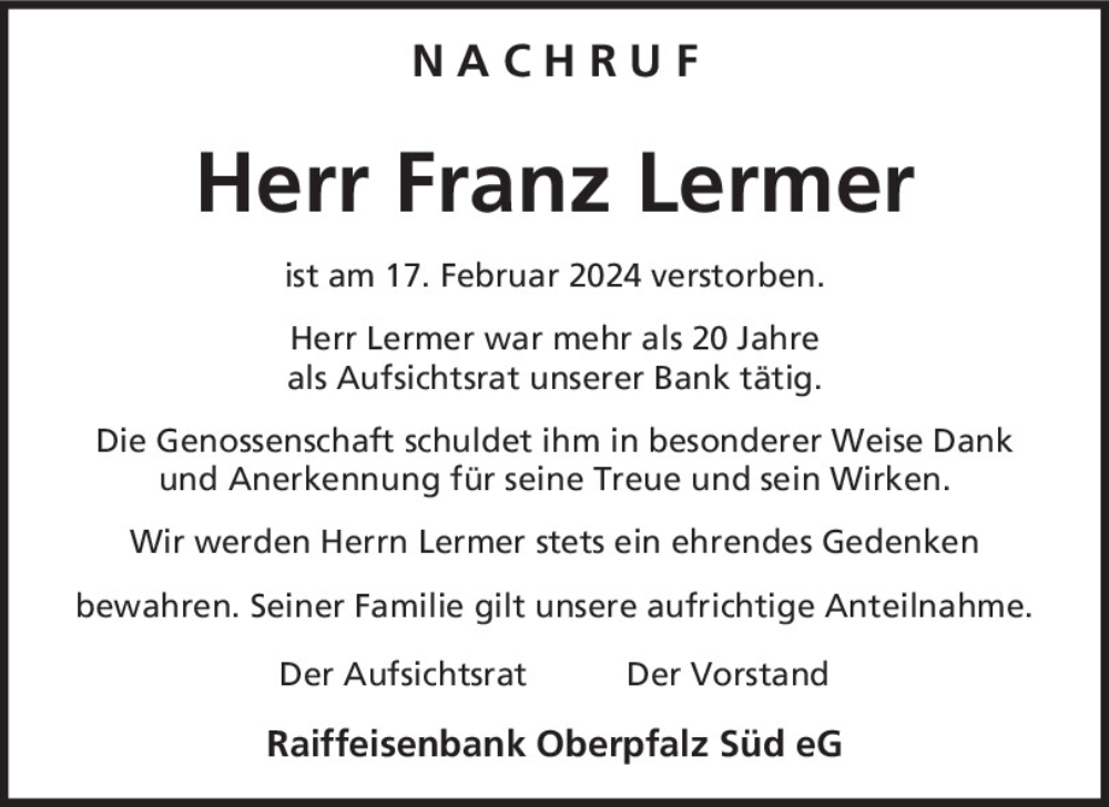  Traueranzeige für Franz Lermer vom 22.02.2024 aus Mittelbayerische Zeitung Regensburg