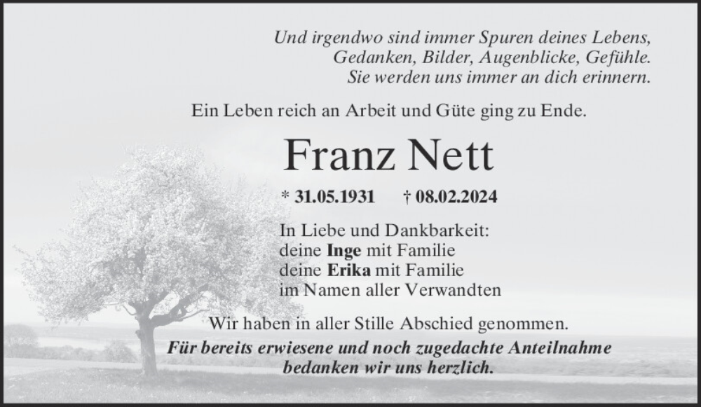 Traueranzeige für Franz Nett vom 21.02.2024 aus Mittelbayerische Zeitung Regensburg