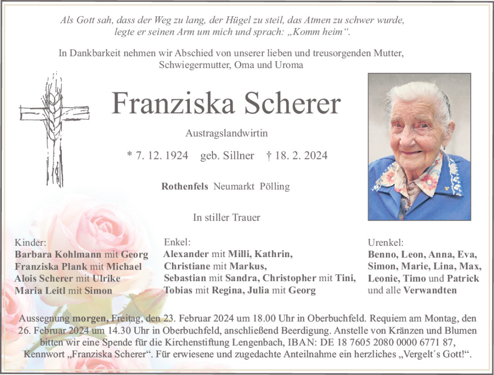  Traueranzeige für Franziska Scherer vom 22.02.2024 aus Neumarkter Tagblatt