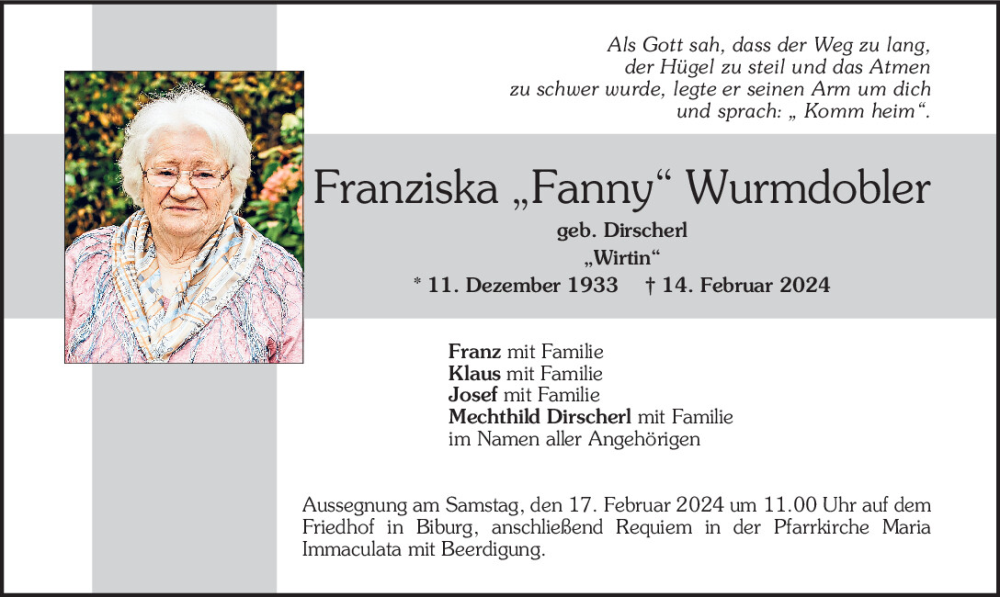  Traueranzeige für Franziska Wurmdobler vom 16.02.2024 aus Mittelbayerische Zeitung Kelheim