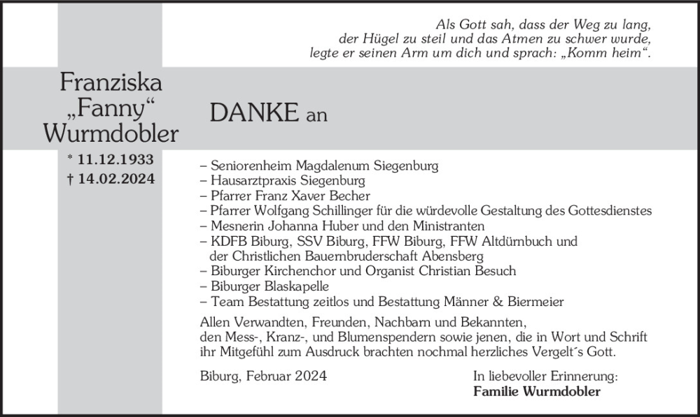  Traueranzeige für Franziska Wurmdobler vom 24.02.2024 aus Mittelbayerische Zeitung Kelheim