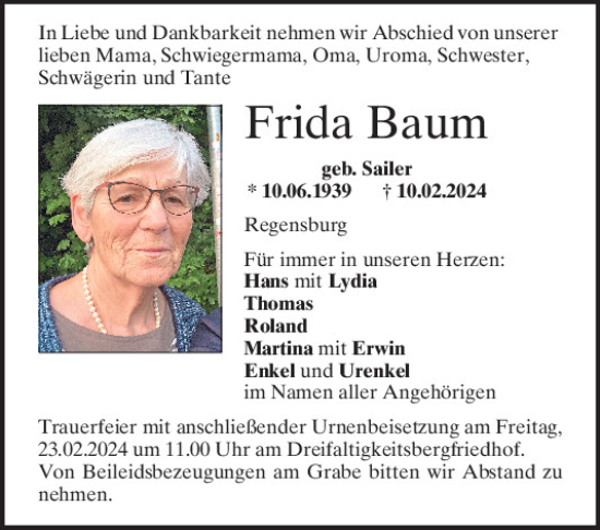 Traueranzeige von Frida Baum von Mittelbayerische Zeitung Regensburg