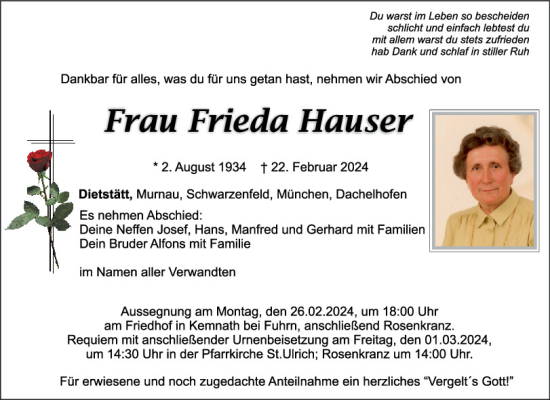 Traueranzeige von Frieda Hauser von Mittelbayerische Zeitung Schwandorf