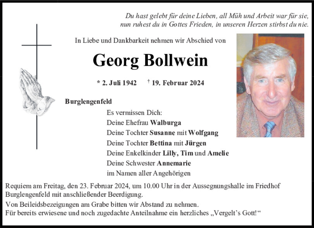  Traueranzeige für Georg Bollwein vom 21.02.2024 aus Mittelbayerische Zeitung Schwandorf