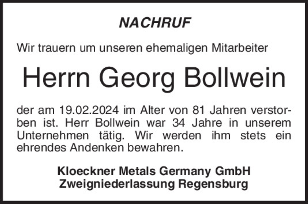  Traueranzeige für Georg Bollwein vom 24.02.2024 aus Mittelbayerische Zeitung Regensburg