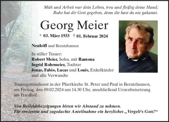 Traueranzeige von Georg Meier von Mittelbayerische Zeitung Regensburg