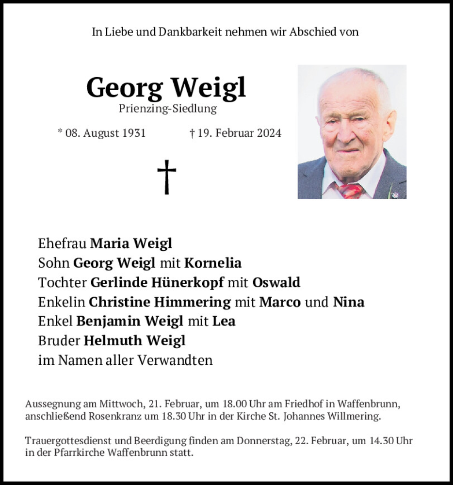  Traueranzeige für Georg Weigl vom 21.02.2024 aus Bayerwald Echo