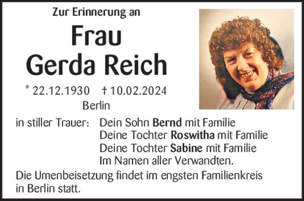  Traueranzeige für Gerda Reich vom 17.02.2024 aus Neumarkter Tagblatt