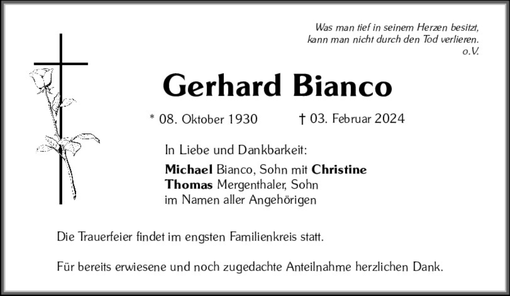  Traueranzeige für Gerhard Bianco vom 10.02.2024 aus Mittelbayerische Zeitung Kelheim