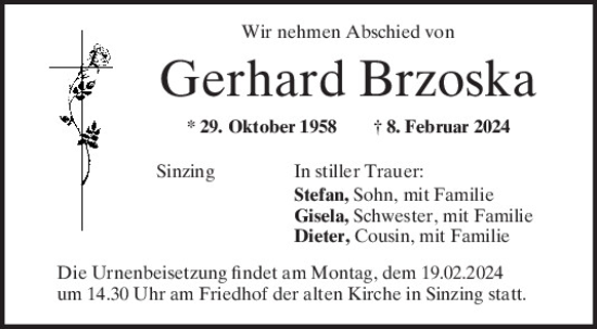 Traueranzeige von Gerhard Brzoska von Mittelbayerische Zeitung Regensburg