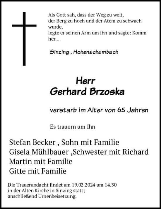 Traueranzeige von Gerhard Brzoska von Mittelbayerische Zeitung Regensburg