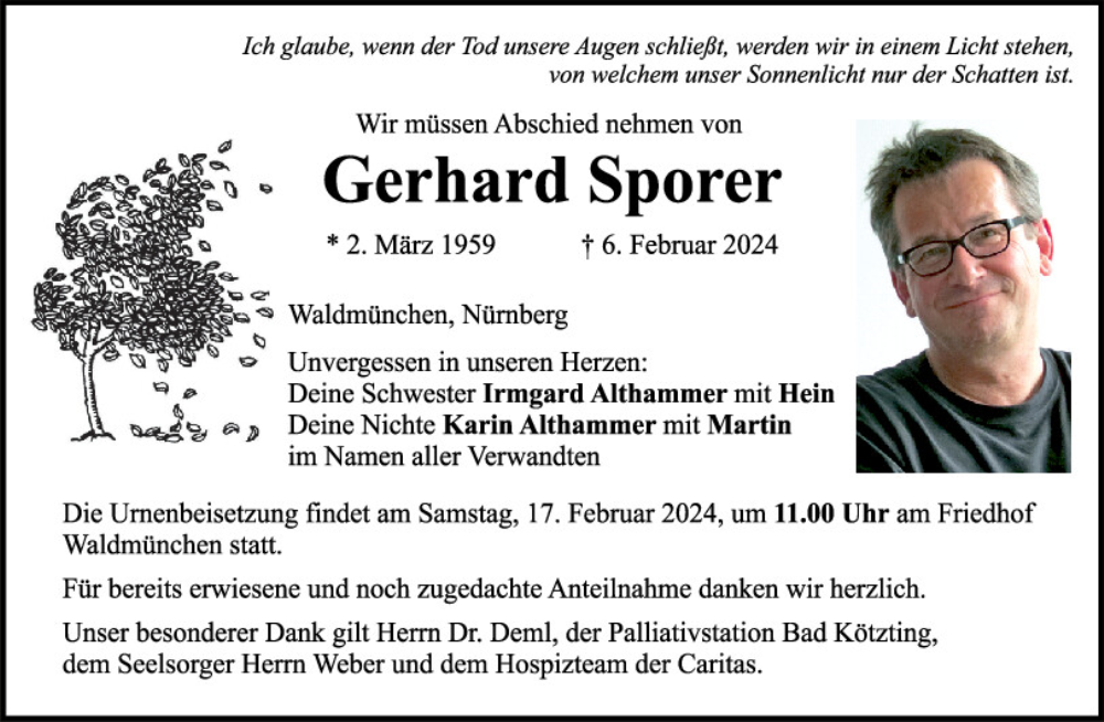  Traueranzeige für Gerhard Sporer vom 15.02.2024 aus Bayerwald Echo