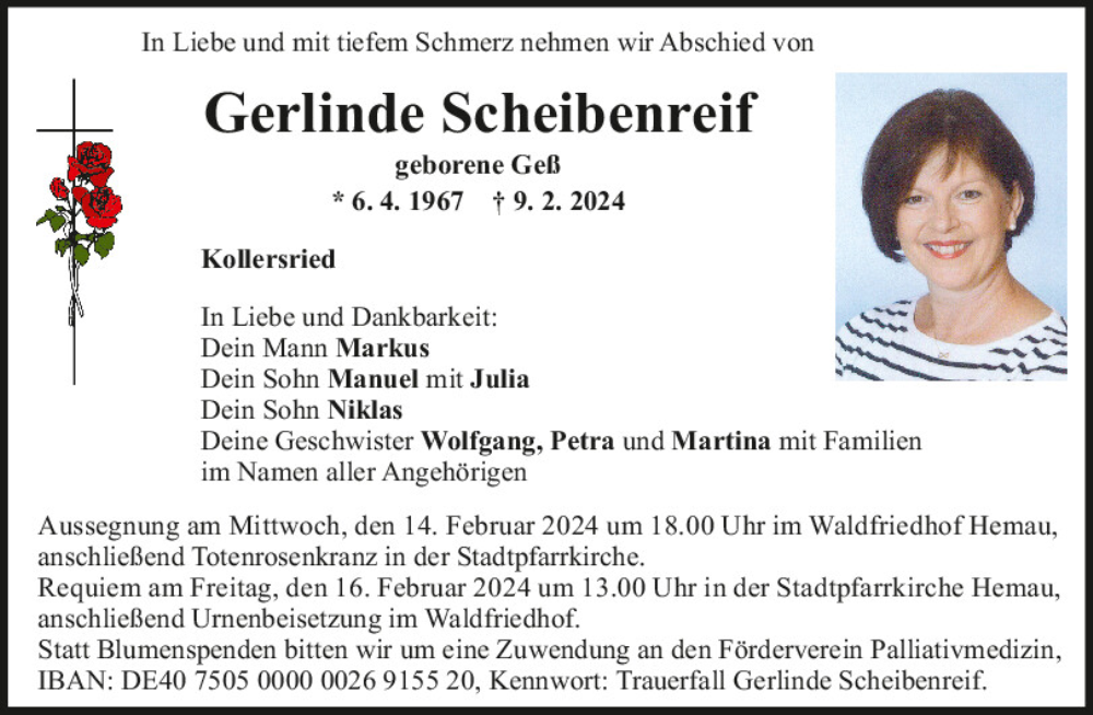  Traueranzeige für Gerlinde Scheibenreif vom 13.02.2024 aus Mittelbayerische Zeitung Regensburg