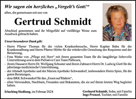Traueranzeige von Gertrud Schmidt von Mittelbayerische Zeitung Schwandorf