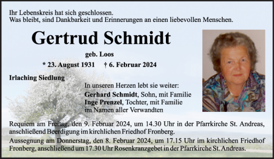 Traueranzeige von Gertrud Schmidt von Mittelbayerische Zeitung Schwandorf
