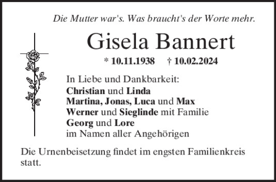Traueranzeige von Gisela Bannert von Mittelbayerische Zeitung Regensburg