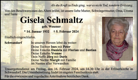 Traueranzeige von Gisela Schmaltz von Mittelbayerische Zeitung Schwandorf